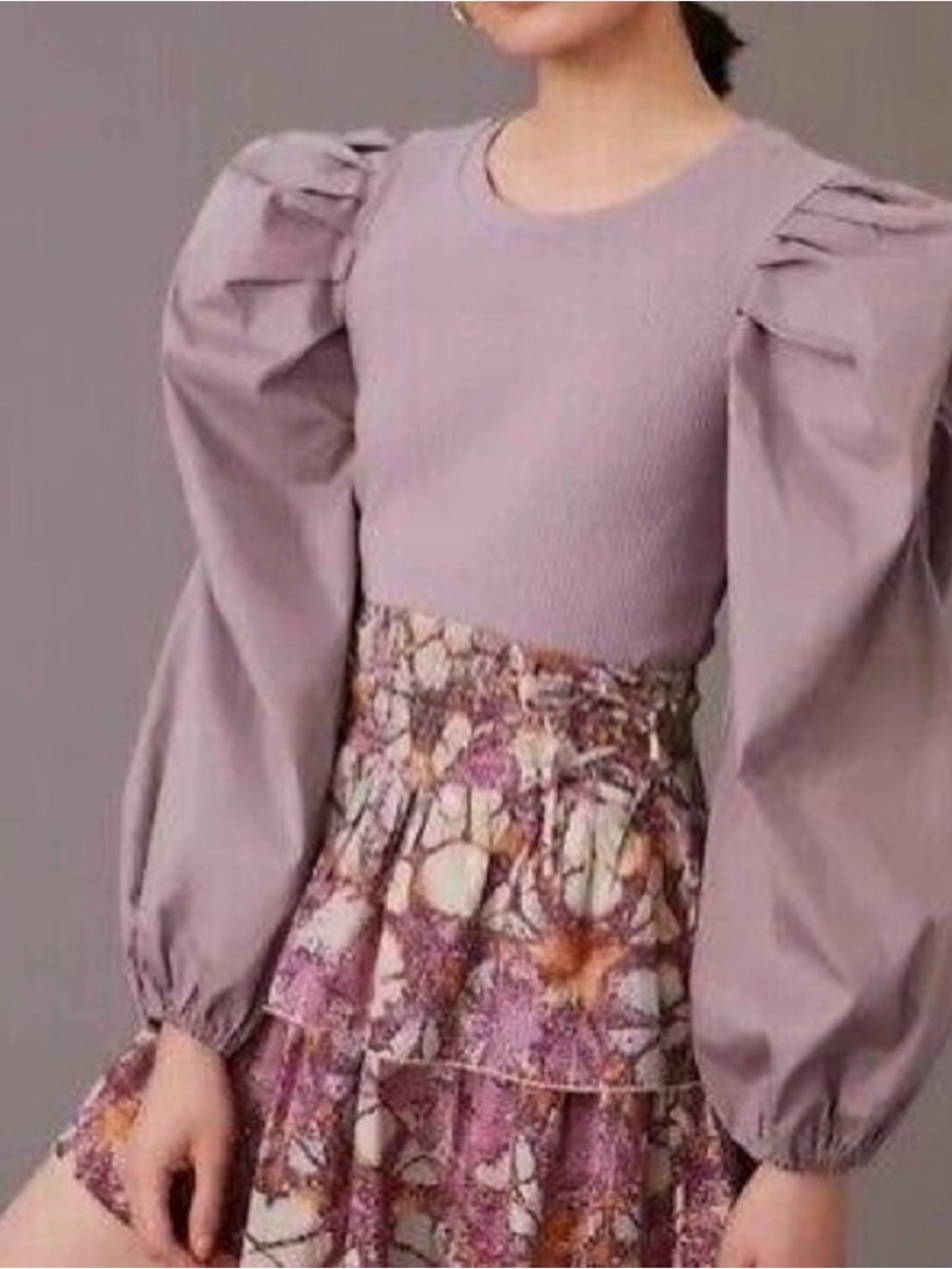 Lilac Puff-Sleeve Knit Top and Floral Skirt Set for Kids
